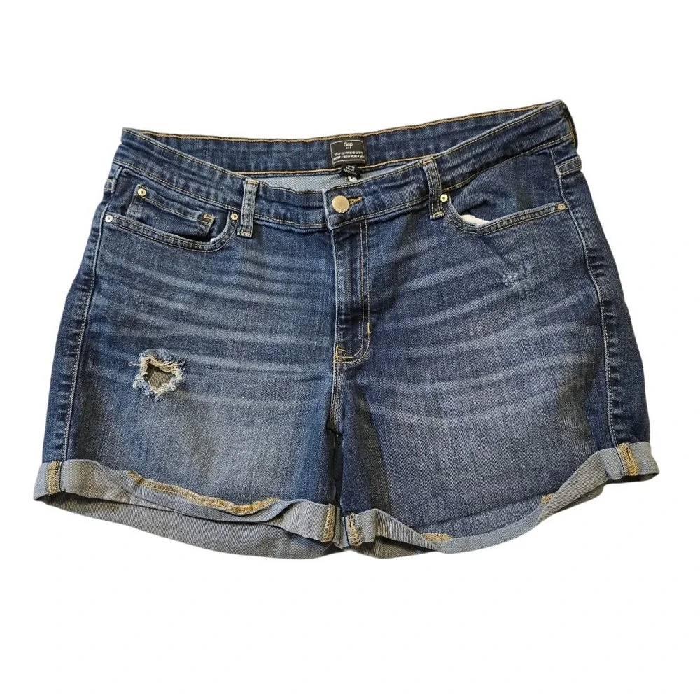 Gap Women Sexy Boyfriend Distressed Denim Shorts Blue Cuffed Size 14/32